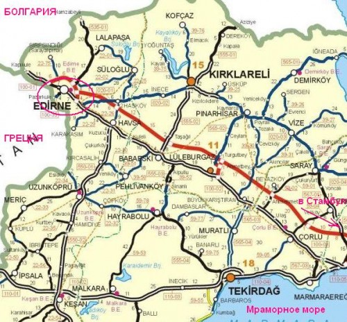 Эдирне на карте Турции