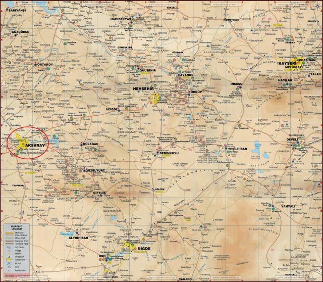 Аксарай на карте Каппадокии Турция